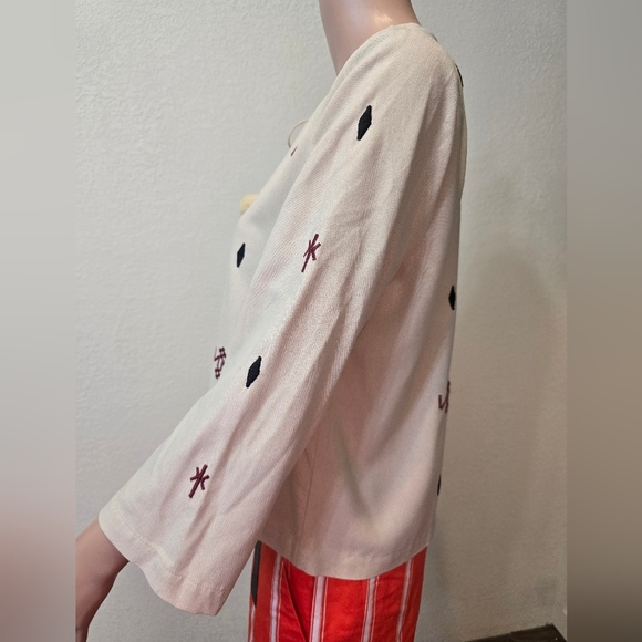 Madewell Embroidered  Top Raw Silk Noil Yarn Size Sm Beige Tribal Print Western - Picture 5 of 14